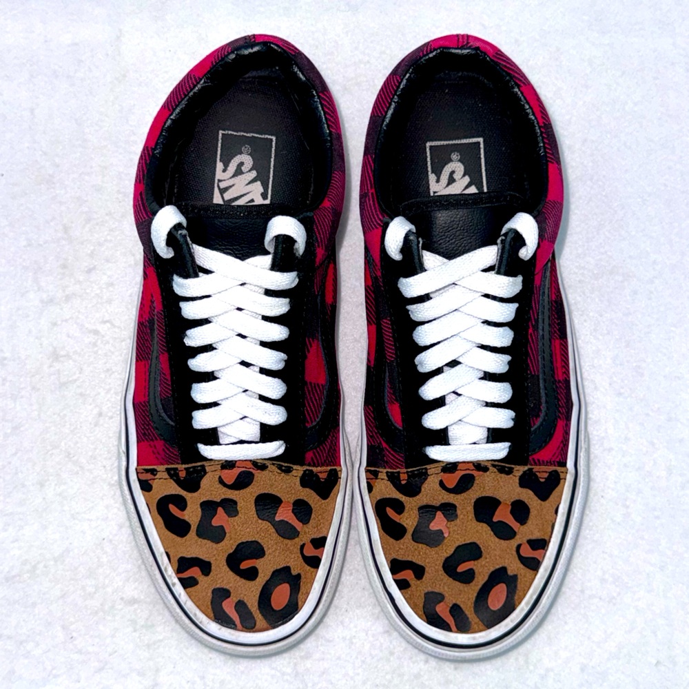 HTF Vans Old Skool Sneakers Cheetah Buffalo Plaid Womens size 8/Mens size 6.5